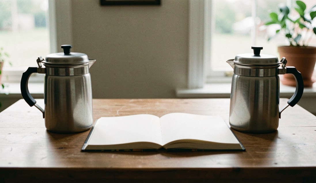 To kaffekopper står på hver sin side af et bord med en åben notesbog imellem sig i blødt dagslys; ingen synlig tekst, ingen logoer og ingen skærmbilleder, en rolig dokumentarisk scene med plads omkring motivet