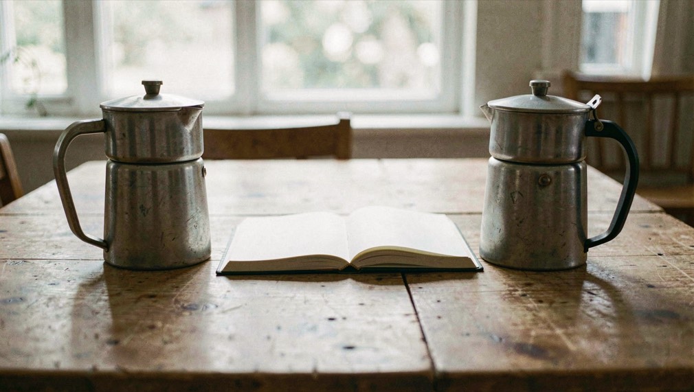To kaffekopper står på hver sin side af et bord med en åben notesbog imellem sig i blødt dagslys; ingen synlig tekst, ingen logoer og ingen skærmbilleder, en rolig dokumentarisk scene med plads omkring motivet