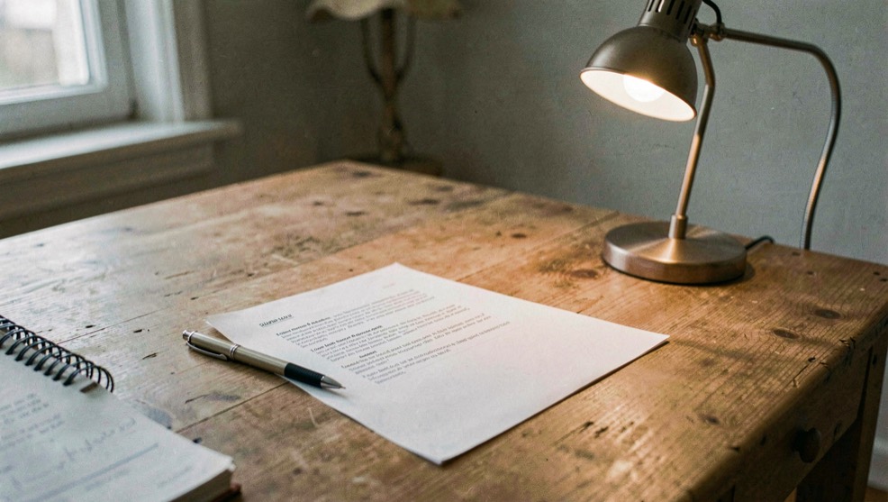 Et arbejdsbord med kildelinks på papir, en blyant og en lille lampe viser en rolig redaktionel arbejdsproces; ingen synlig tekst, ingen logoer og ingen skærmbilleder, en rolig dokumentarisk scene med plads omkring motivet
