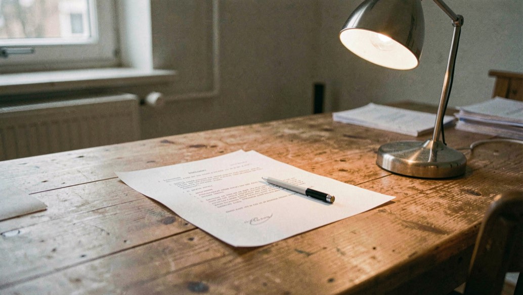 Et arbejdsbord med kildelinks på papir, en blyant og en lille lampe viser en rolig redaktionel arbejdsproces; ingen synlig tekst, ingen logoer og ingen skærmbilleder, en rolig dokumentarisk scene med plads omkring motivet